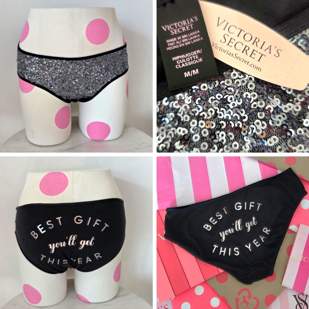 Victoria's Secret Vintage Black Silver Sequin Holiday Hiphugger Panty NWT Rare
